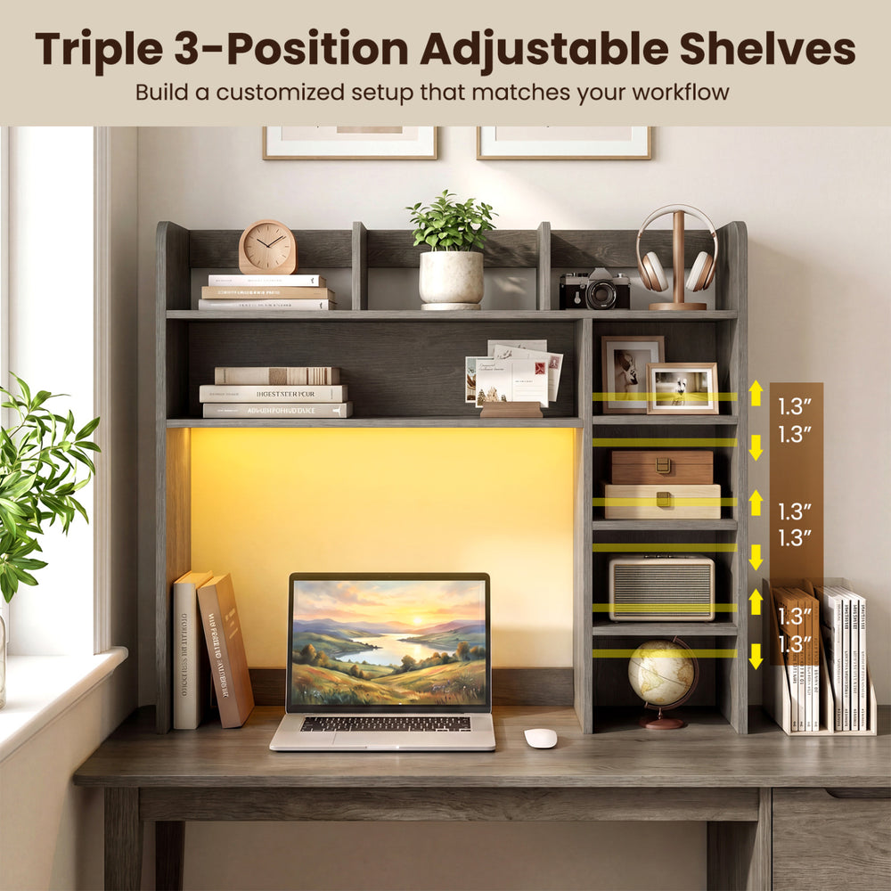 Desktop bookshelf with LED lights featuring triple adjustable shelves and optimal storage for a stylish workspace.