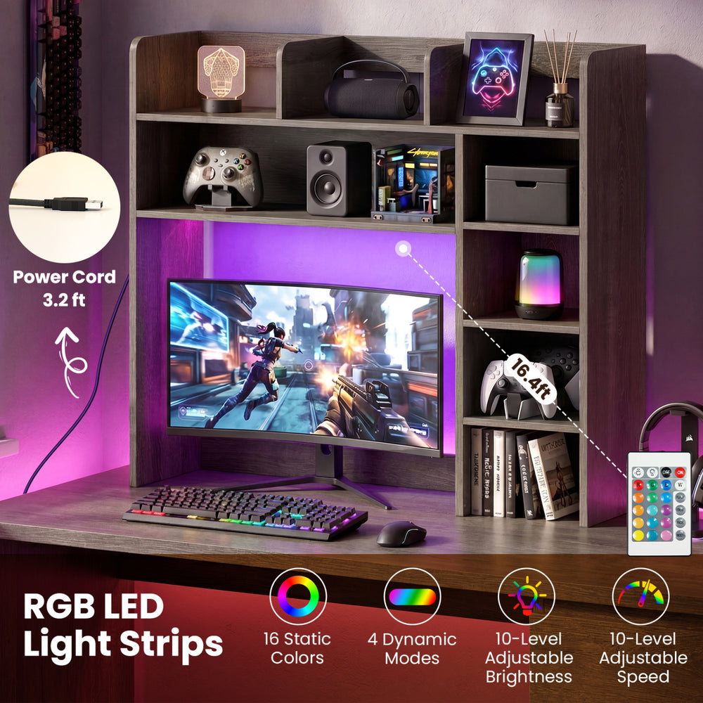 Desktop bookshelf with RGB LED lights, 16 colors, adjustable brightness, and sturdy oak design for monitor storage.