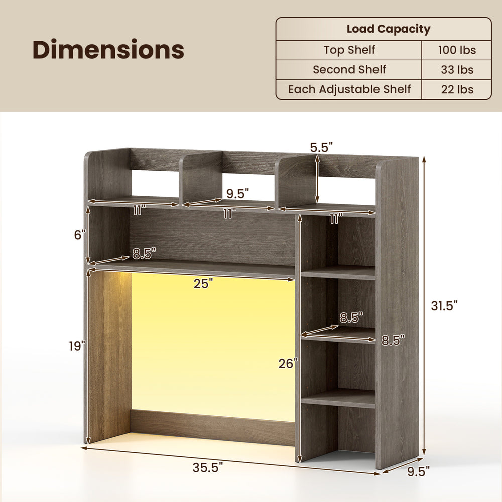 Desktop bookshelf with LED lights, oak finish, featuring adjustable shelves and RGB lighting for stylish organization.