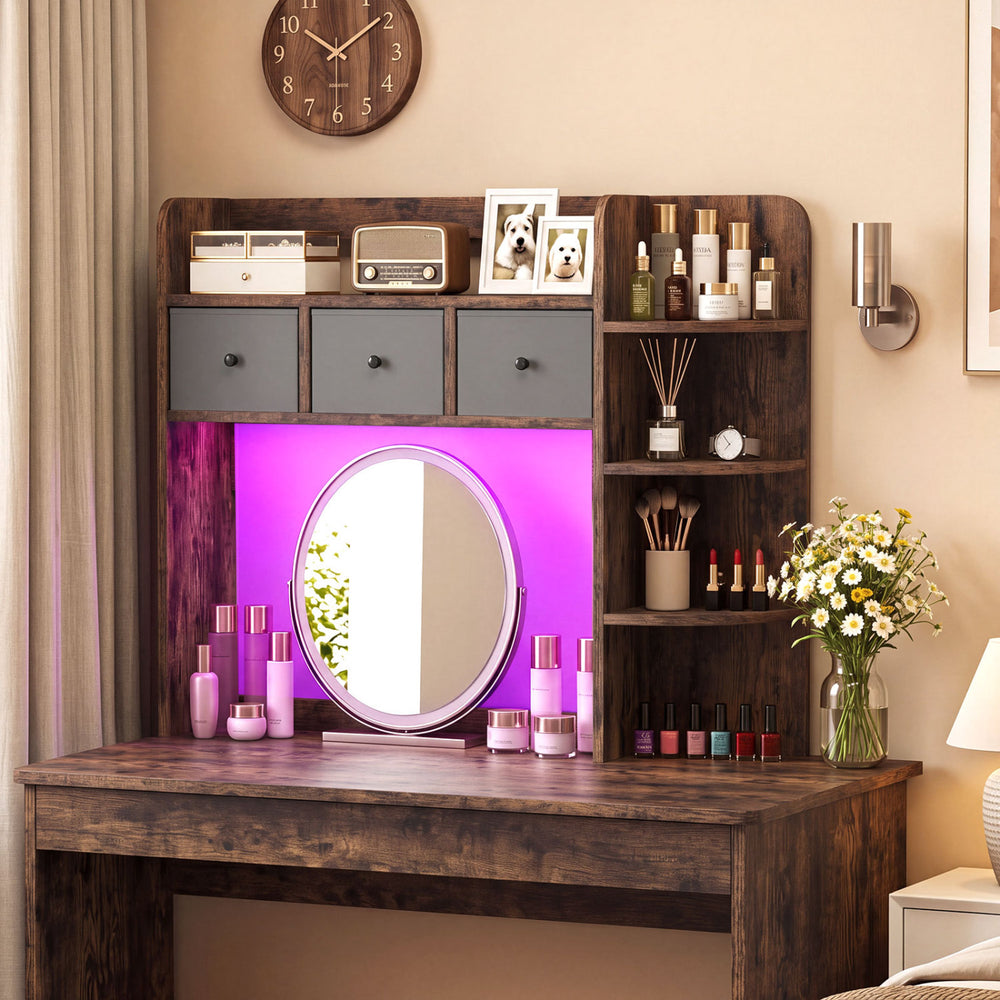 Desktop Bookshelf with LED Lights 5-Tier Shelves and 3 Drawers for Home Officce-Rustic Brown - Gallery View 1 of 10
