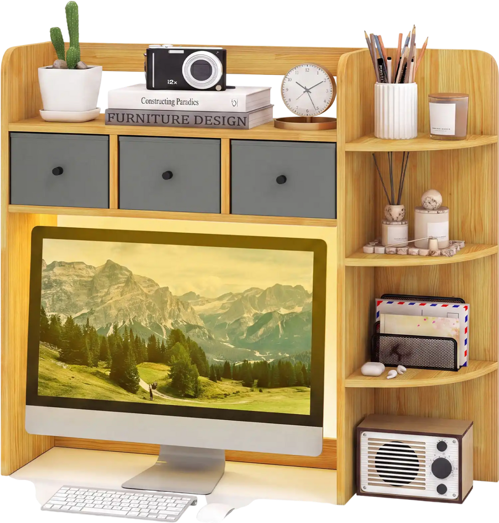 Desktop bookshelf showcasing a large compartment for monitors up to 27", ideal for home office setups and organization.