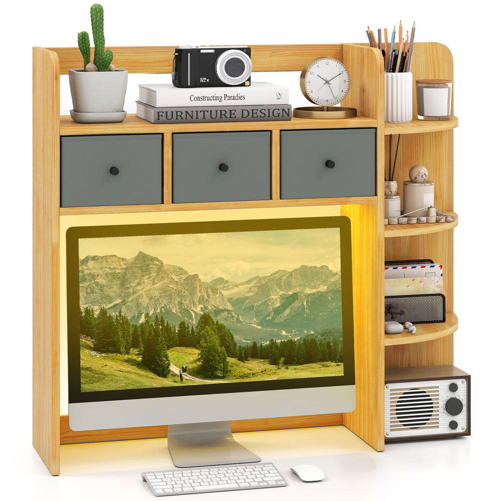 Desktop bookshelf with LED lights, three drawers, and five-tier shelves for home office organization and personalized lighting.