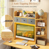 Desktop bookshelf featuring 5-tier shelves, 3 drawers, LED lights, and anti-tipping devices for home office use.