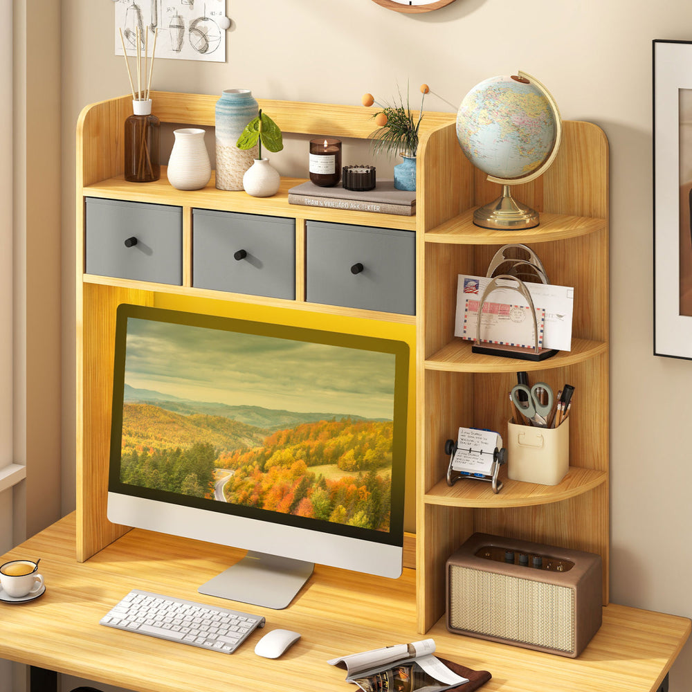 Desktop bookshelf with LED lights, 5-tier shelves, and 3 drawers, perfect for organizing a home office workspace.