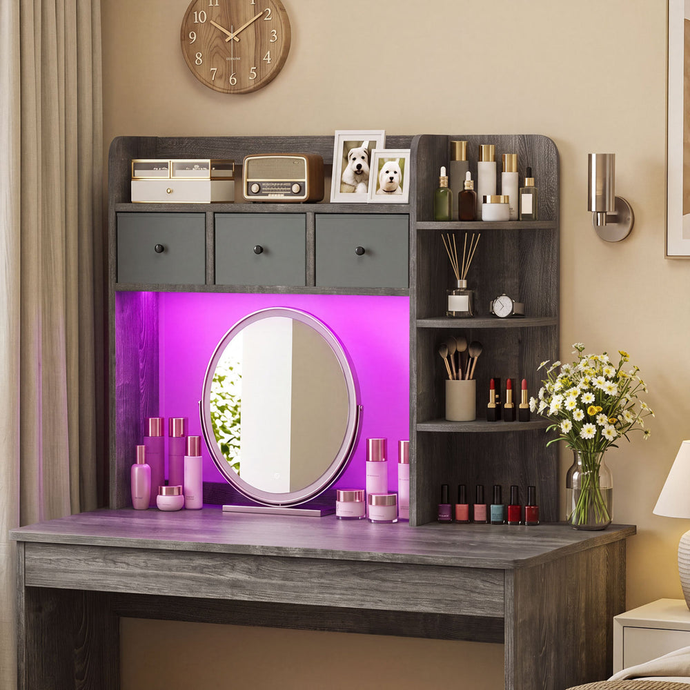 Desktop Bookshelf with LED Lights 5-Tier Shelves and 3 Drawers for Home Officce-Oak Gray - Gallery View 1 of 10
