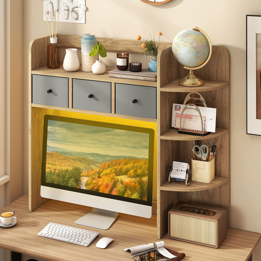 Desktop Bookshelf with LED Lights 5-Tier Shelves and 3 Drawers for Home Officce-Natural - Gallery View 1 of 10