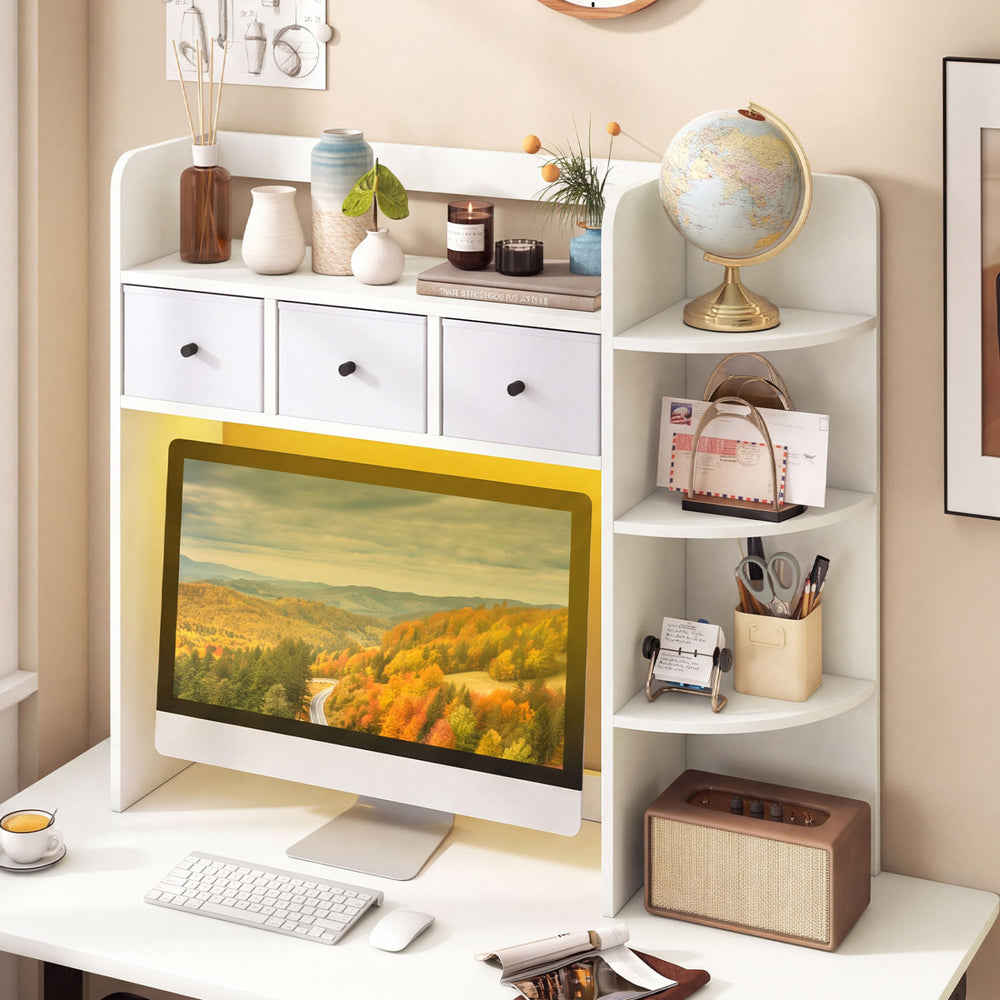 Desktop Bookshelf with LED Lights 5-Tier Shelves and 3 Drawers for Home Officce-White - Gallery View 1 of 10