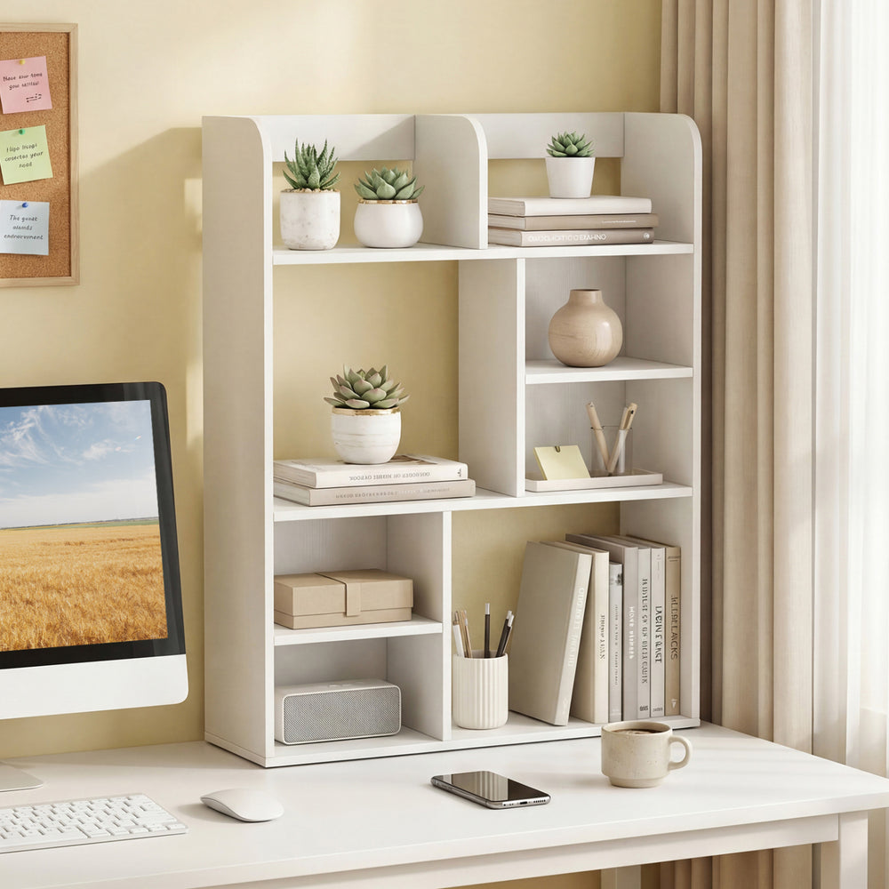 Desktop display rack in white with 8 open cubes, perfect for home office organization and stability.