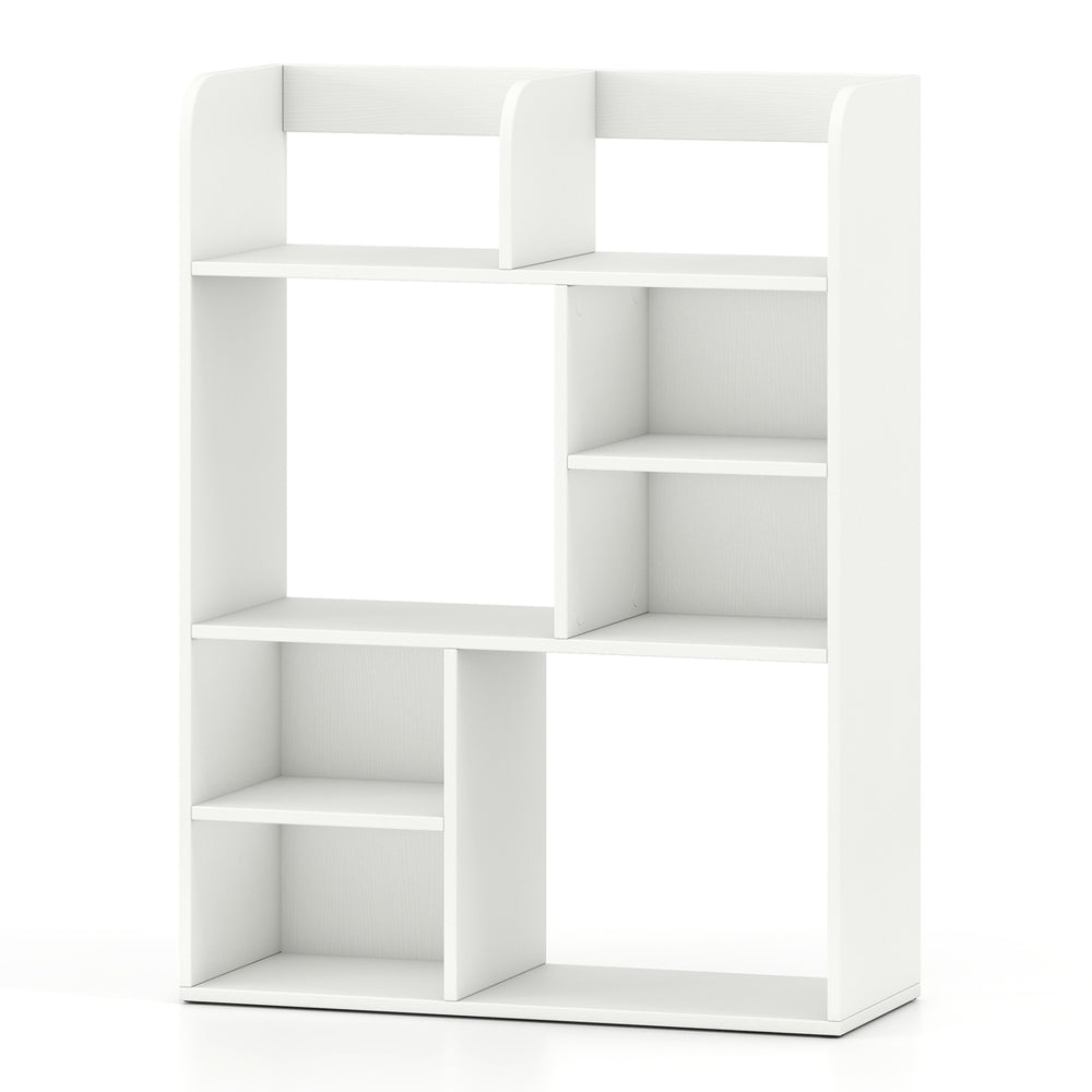 White desktop display rack featuring 8 open cubes, ideal for home office storage and equipped with anti-toppling kits.