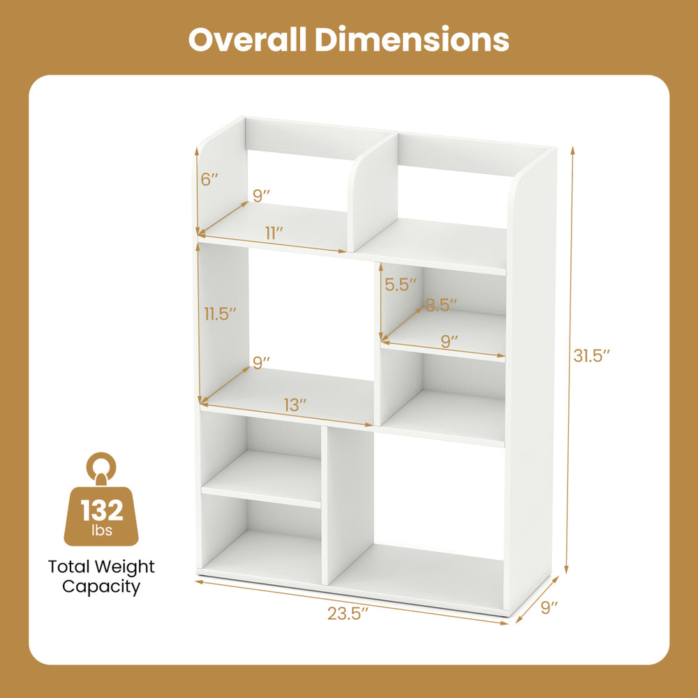 Desktop display rack with 8 open cubes, white finish, overall dimensions 31.5" x 23.5" for home office storage.