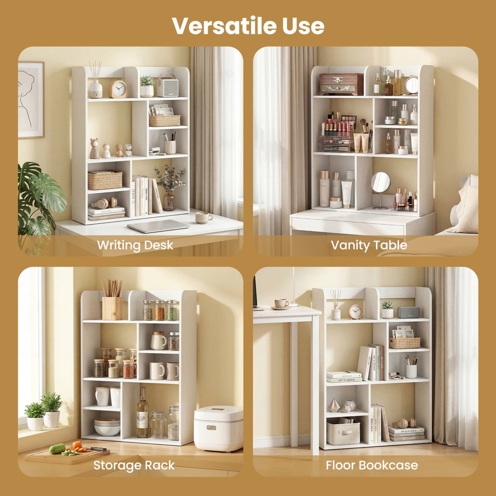 Desktop display rack with 8 open cubes in white, ideal for home office storage and organization in various rooms.