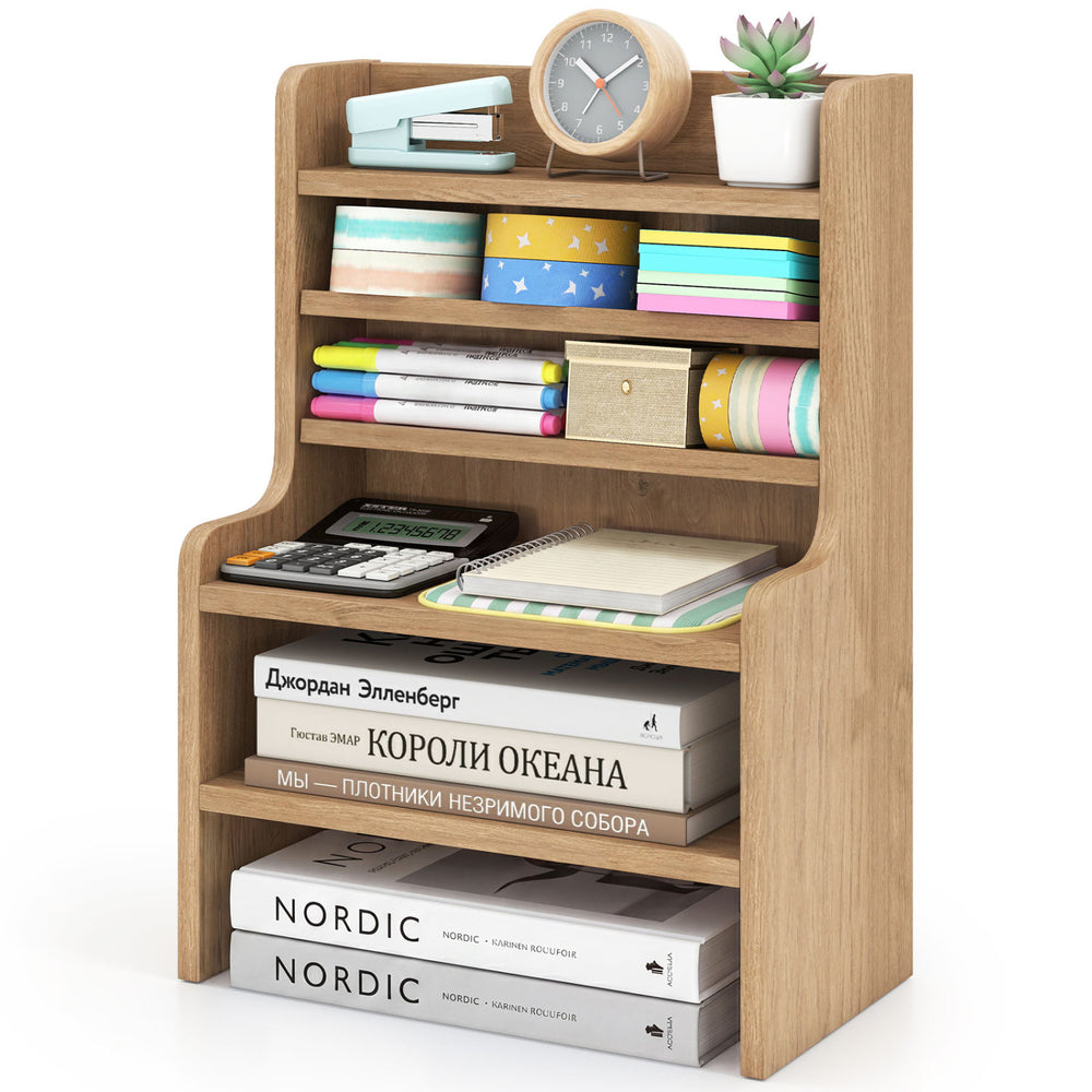 6-tier mini storage rack in natural wood with removable shelves, ideal for organizing books and office supplies.
