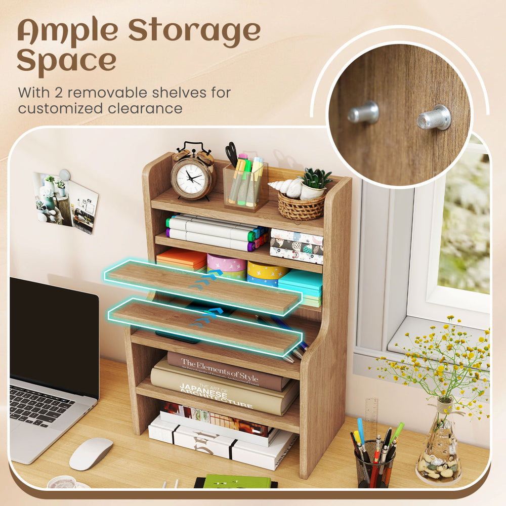 6-tier desktop organizer in natural wood with 2 removable shelves for customizable storage and ample space.