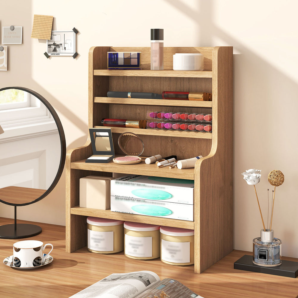 6-tier mini storage rack in natural wood with removable shelves, perfect for organizing cosmetics and office supplies.