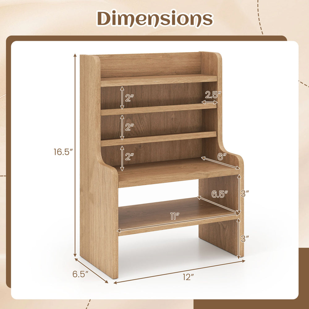 6-tier mini storage rack in natural wood with 2 removable shelves, dimensions 16.5" x 12" for desktop organization.