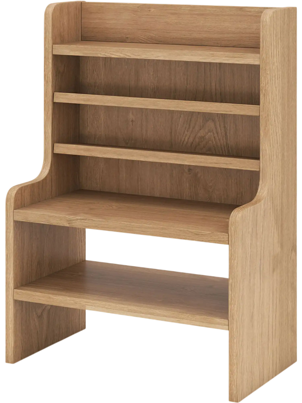 6-tier mini storage rack in natural wood finish with 2 removable shelves, perfect for desktop organization.