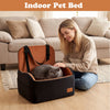 Detachable dog booster car seat in indoor pet bed style, featuring soft plush fabric and adjustable safety strap.