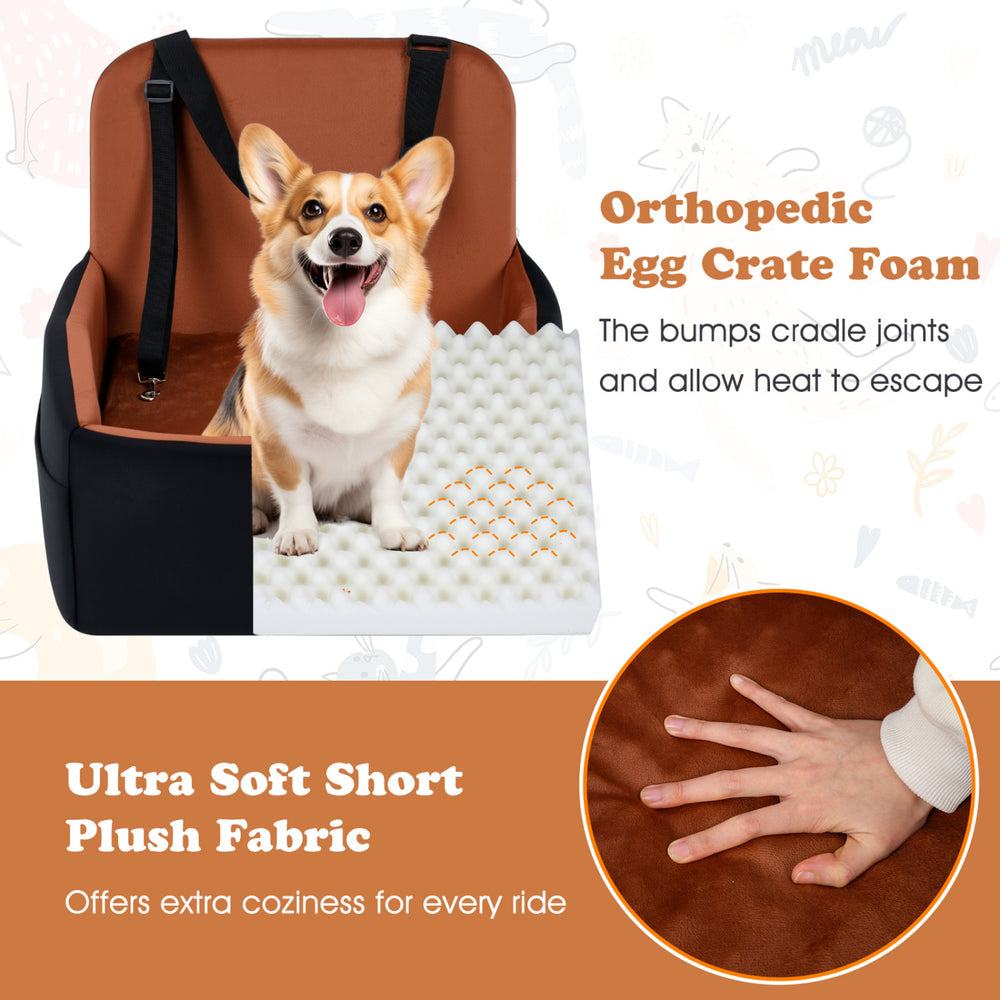 Detachable dog booster car seat with orthopedic foam and plush fabric, designed for comfort and safety during travel.
