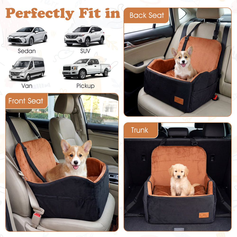Detachable dog booster car seat in black and orange, designed for front and back seats, offers comfort and safety for.