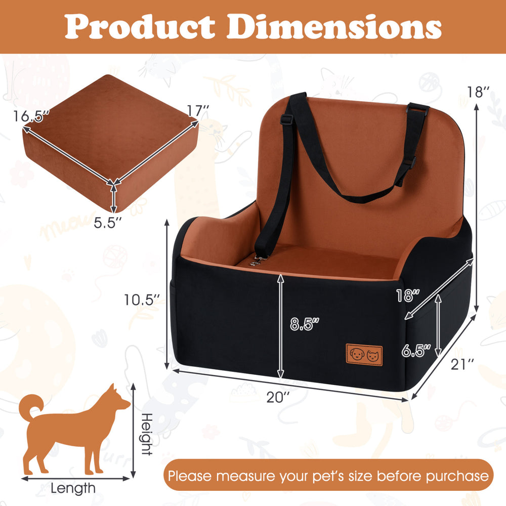 Detachable dog booster car seat with adjustable strap, non-slip bottom, and removable cushion for secure travel.