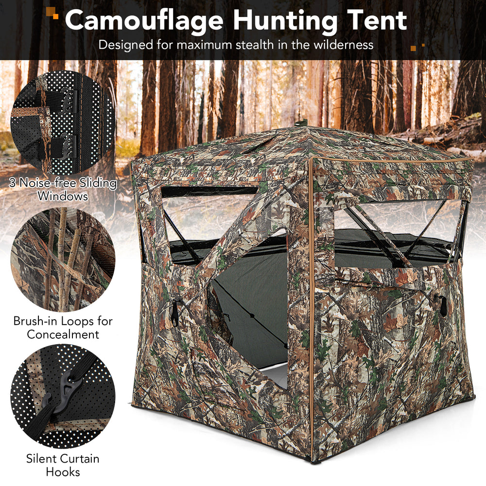 5-IN-1 detachable camouflage hunting blind with skylight, featuring 3 sliding windows for 360-degree visibility.