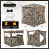 Detachable hunting blind with camouflage pattern, 5 see-through panels, and skylight for 2-3 people, ideal for stealthy.