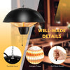 Electric patio heater featuring halogen tubes, durable hook, and pull chain switch for cozy outdoor warmth.