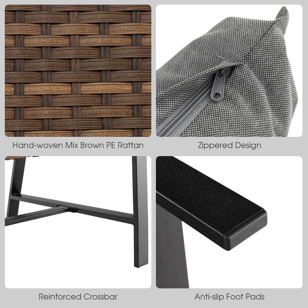 Hand-woven mix brown PE rattan coffee table set with quick-dry cushion, featuring a reinforced crossbar for stability.