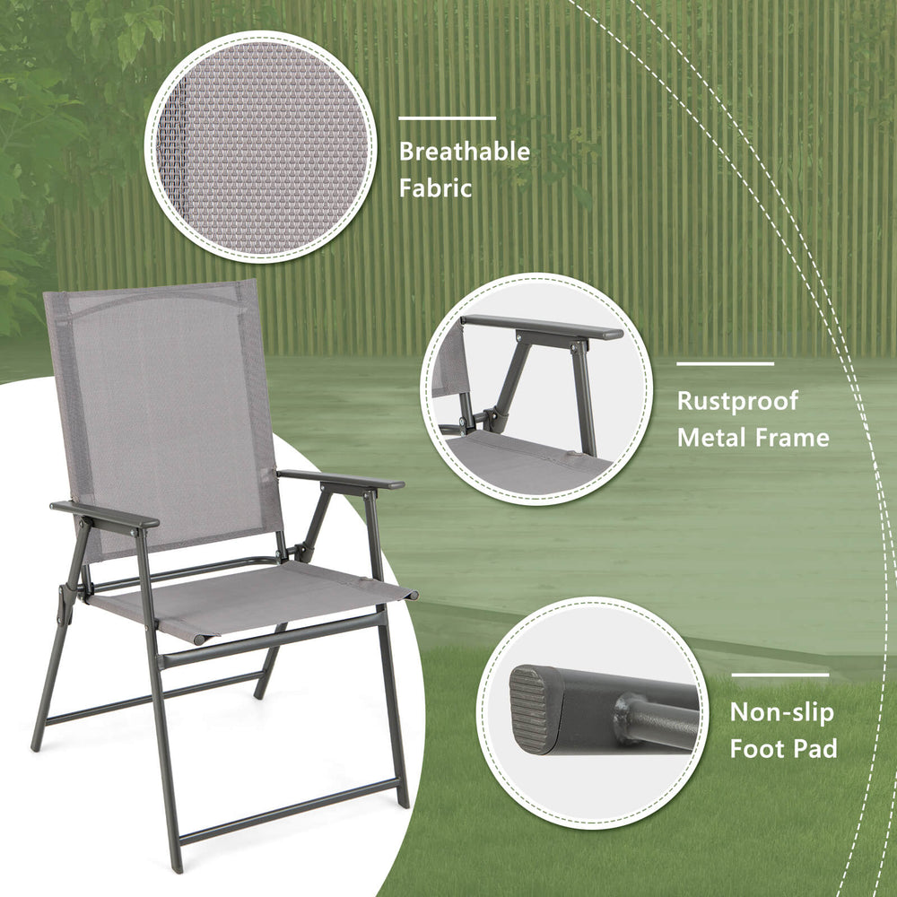Gray patio folding chair with rustproof metal frame, breathable fabric, and non-slip foot pads for outdoor stability.
