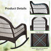 Patio rattan rocking chair with ergonomic curved armrests, soft cushions, and durable metal frame for outdoor.
