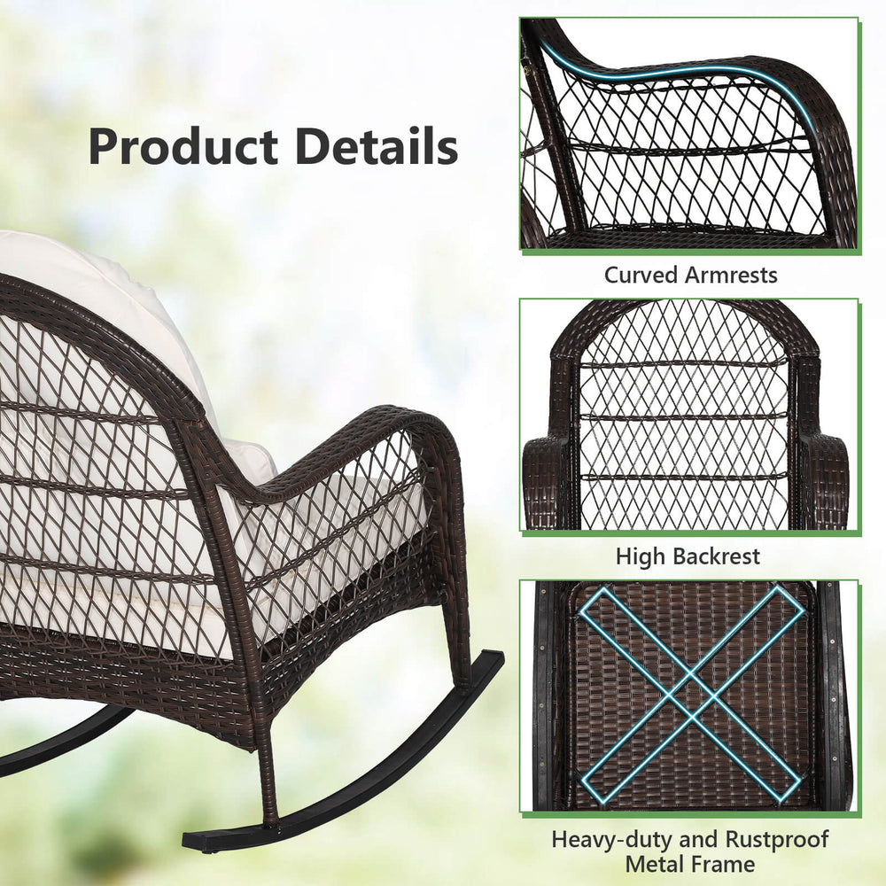 Patio rattan rocking chair with ergonomic curved armrests, soft cushions, and durable metal frame for outdoor.