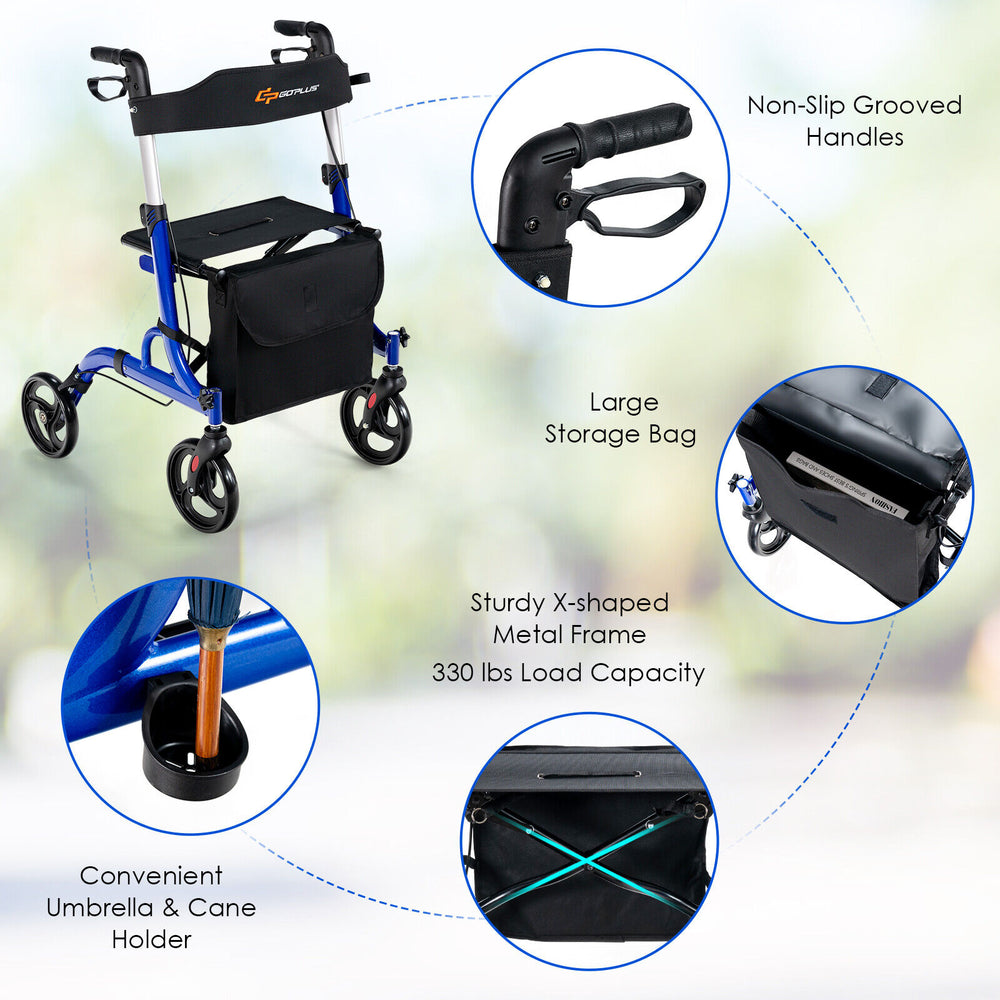 Folding aluminum rollator walker in blue with 8-inch wheels, large storage bag, and adjustable height for user comfort.