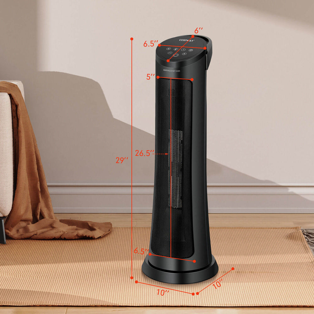 Black 1500W PTC fast heating space heater with remote control, 29 inches tall, designed for efficient heating and.