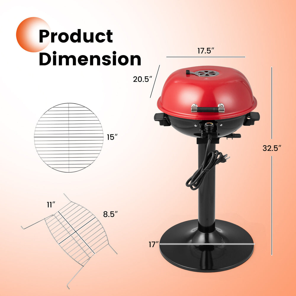Dimensions of the 1600W Electric BBQ Grill in red, featuring a removable warming rack for indoor and outdoor use.