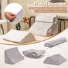 Gray bed wedge pillow set dimensions showing various sizes for back, neck, and leg pain relief, designed for comfort.