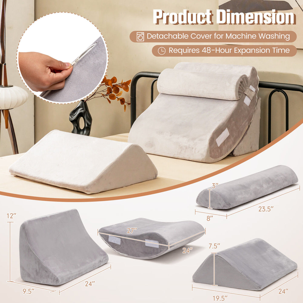 Gray bed wedge pillow set dimensions showing various sizes for back, neck, and leg pain relief, designed for comfort.