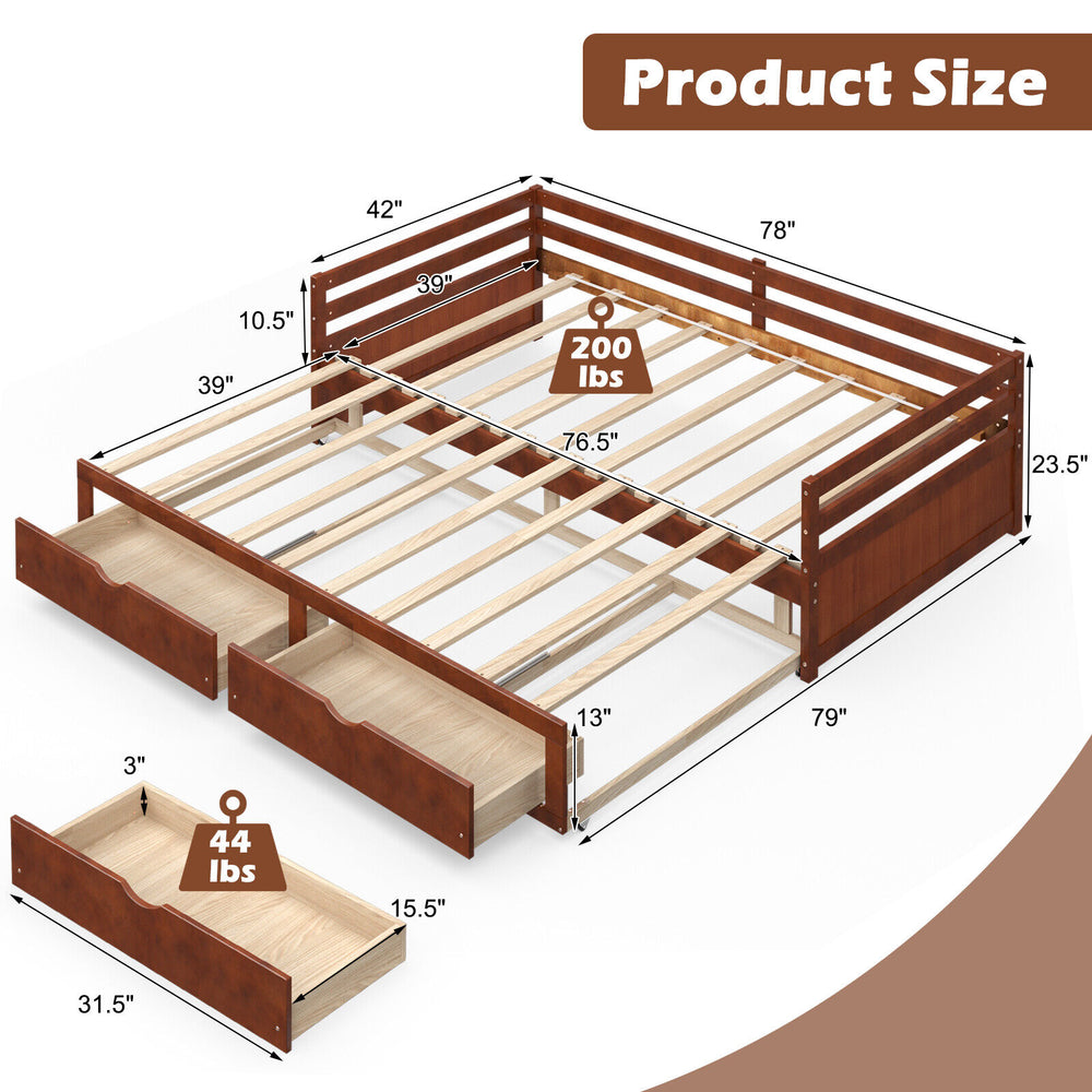 Extendable twin to king daybed with trundle and two storage drawers, featuring a sturdy wood frame and solid slats.