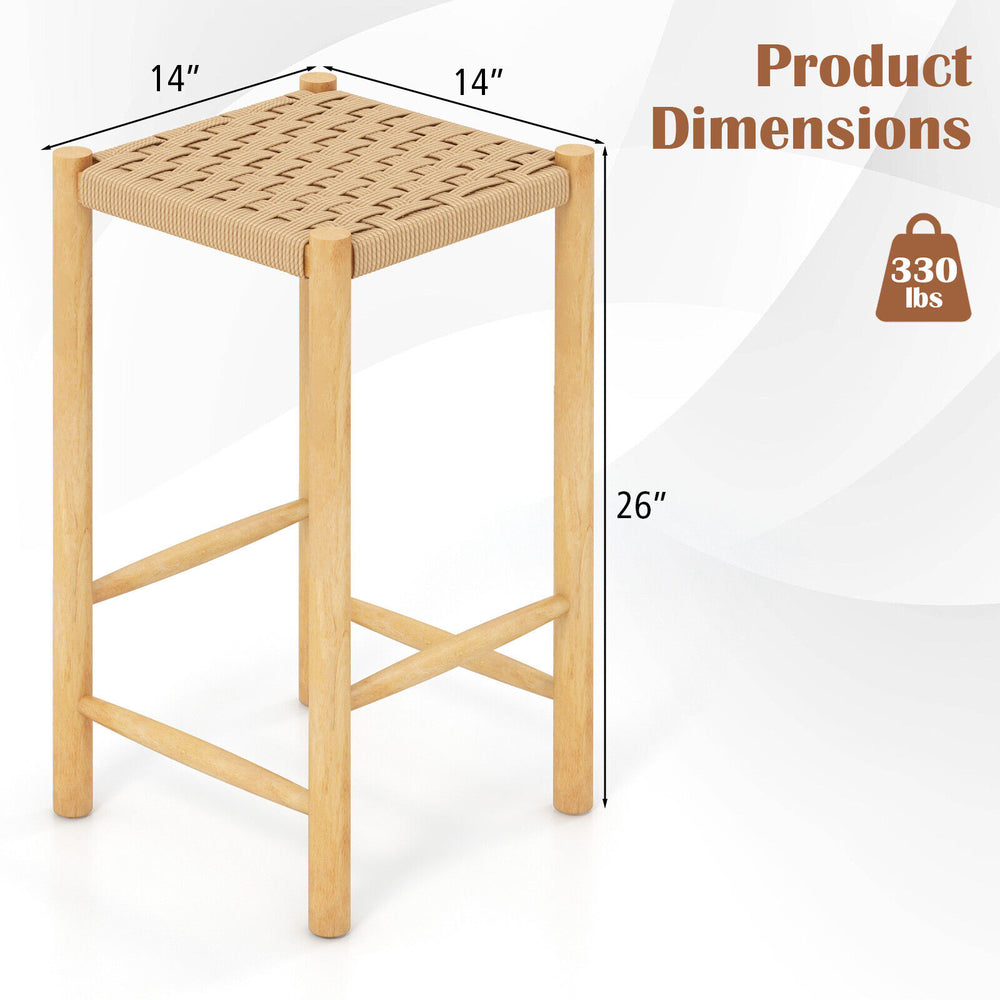 Natural 26-inch dining bar stool with woven paper rope seat, sturdy rubber wood frame, ideal for indoor and outdoor use.