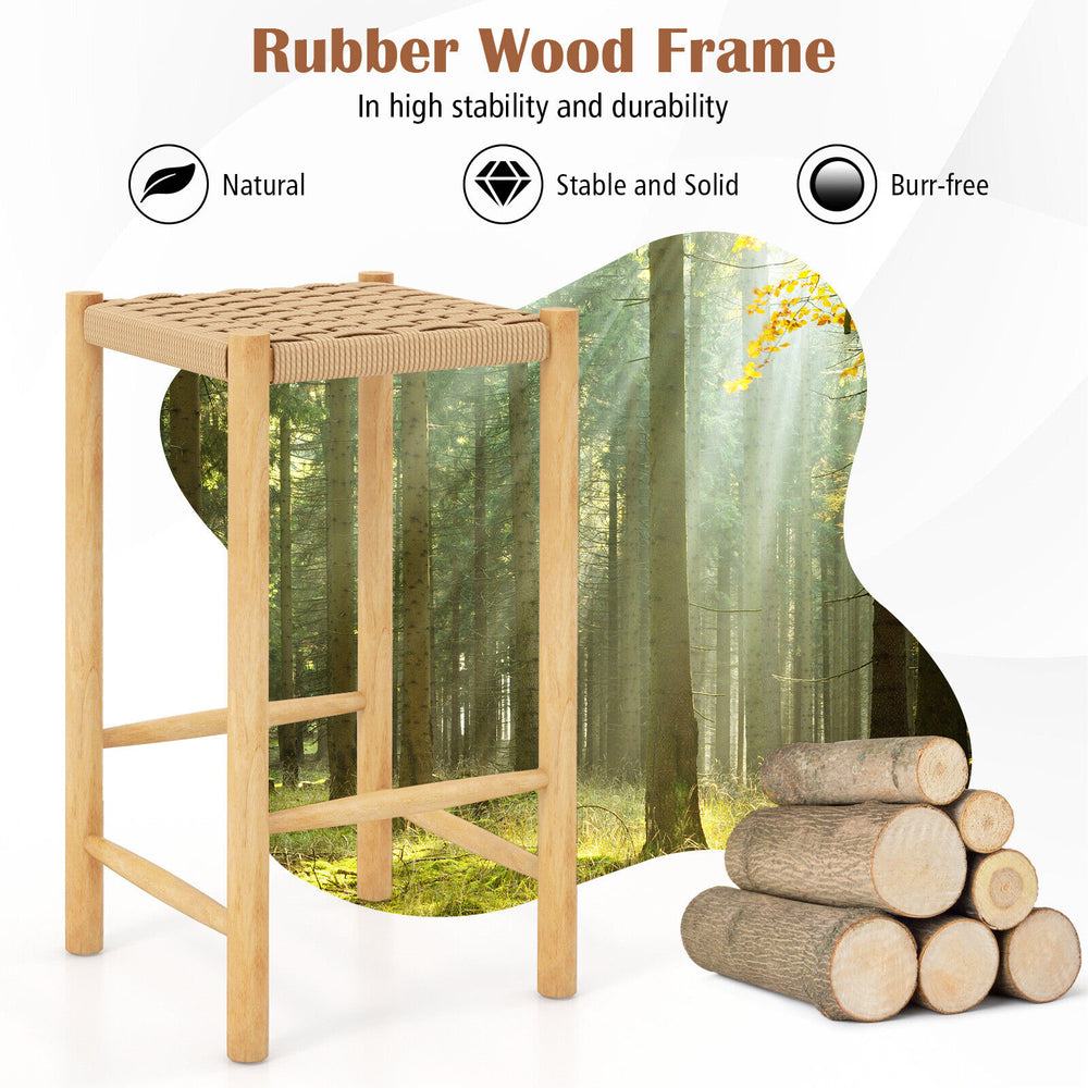 Natural 26-inch dining bar stool with rubber wood frame and woven paper rope seat, ideal for indoor and outdoor use.