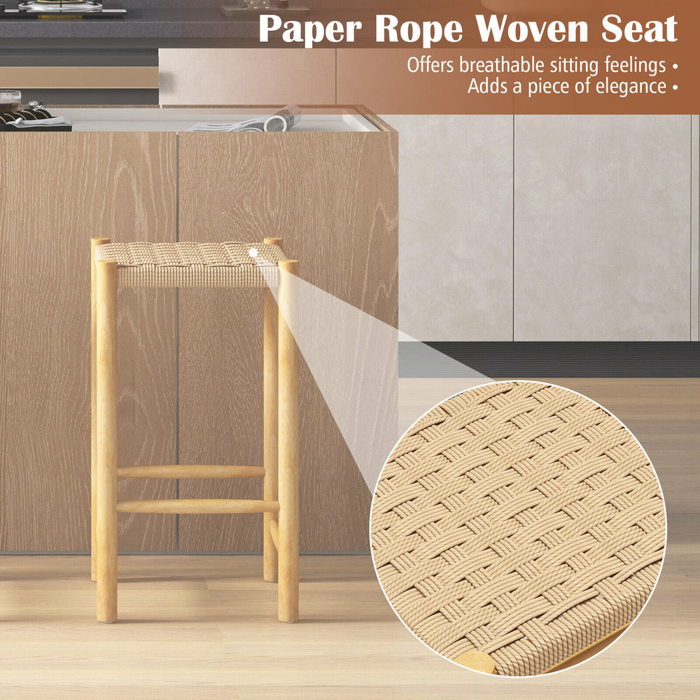 Natural 26-inch dining bar stool with paper rope woven seat, showcasing elegant design and sturdy rubber wood.