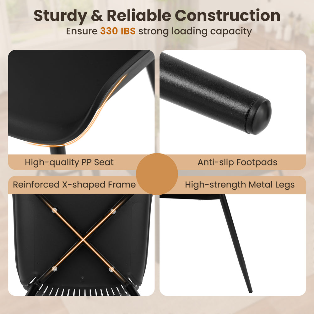 Black modern kitchen chair with cutout backrest, metal legs, and anti-slip footpads, ideal for dining and home office.