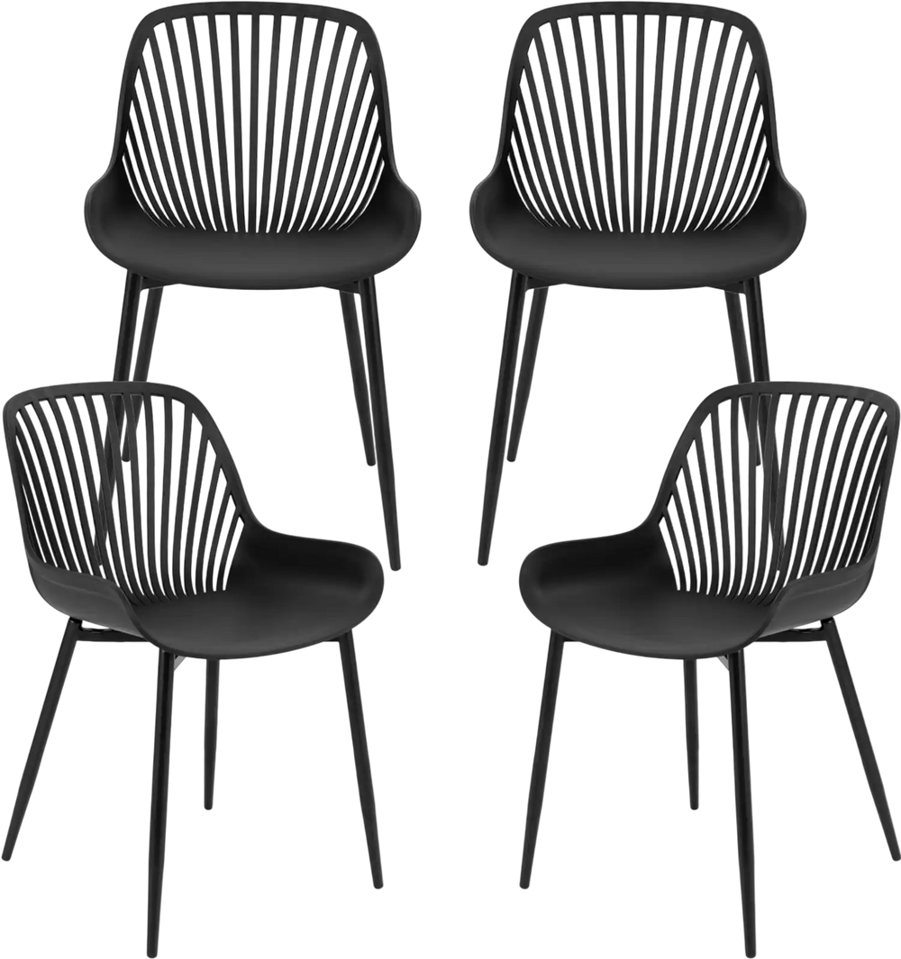 Set of four modern black kitchen chairs with metal legs and cutout backrest, ideal for dining rooms and home offices.