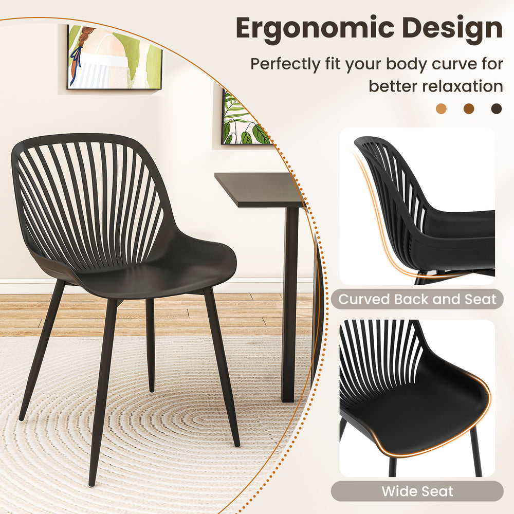 Black modern kitchen chair with metal legs, curved seat, and cutout backrest, perfect for dining and home office use.