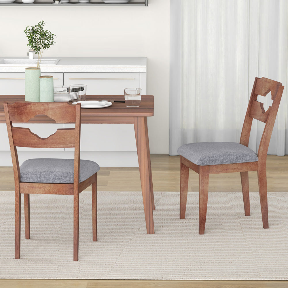Set of 2 gray upholstered dining chairs with natural rubber wood frame and ergonomic high backrest for farmhouse style.