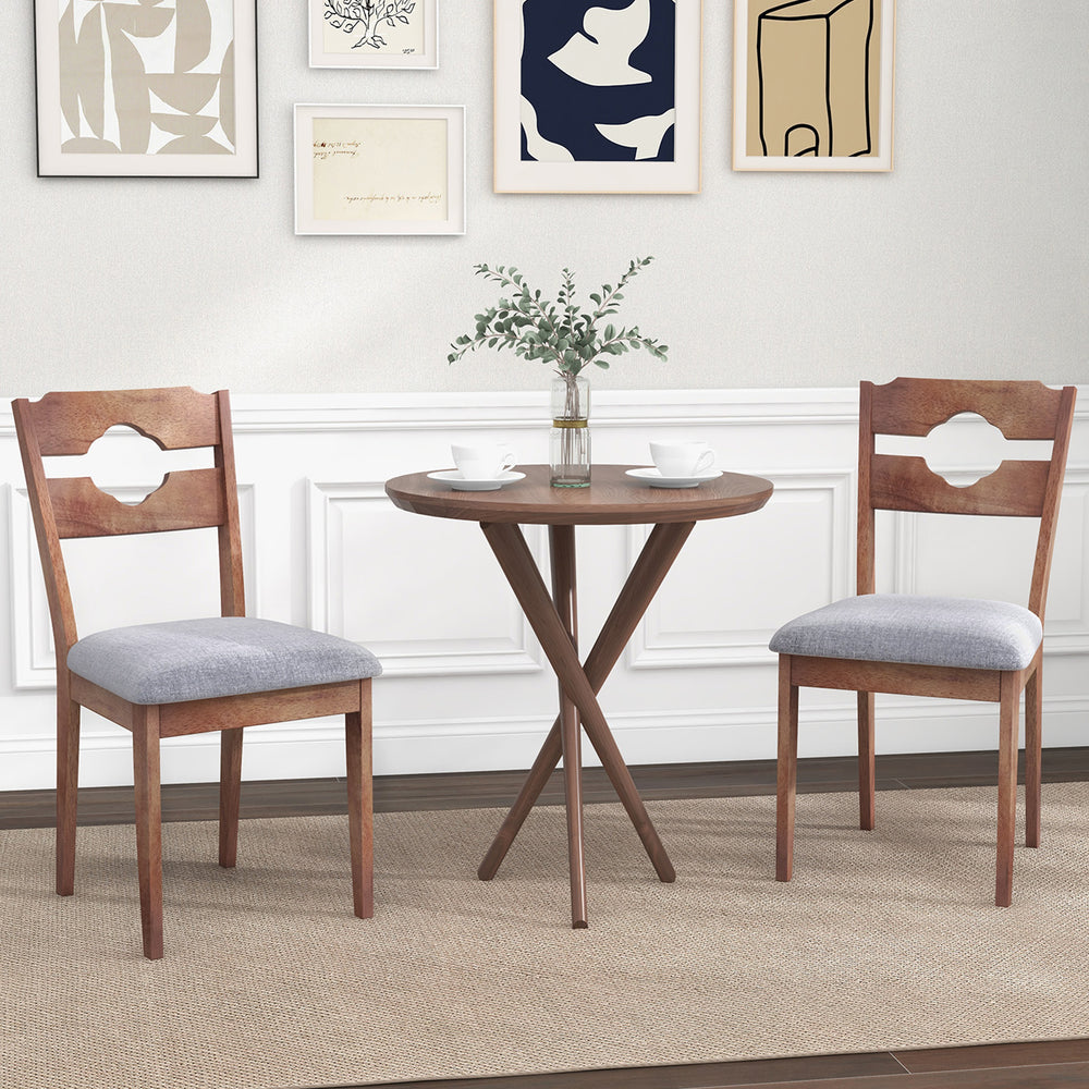 Set of 2 gray fabric upholstered dining chairs with natural rubber wood frame and ergonomic high backrest for comfort.
