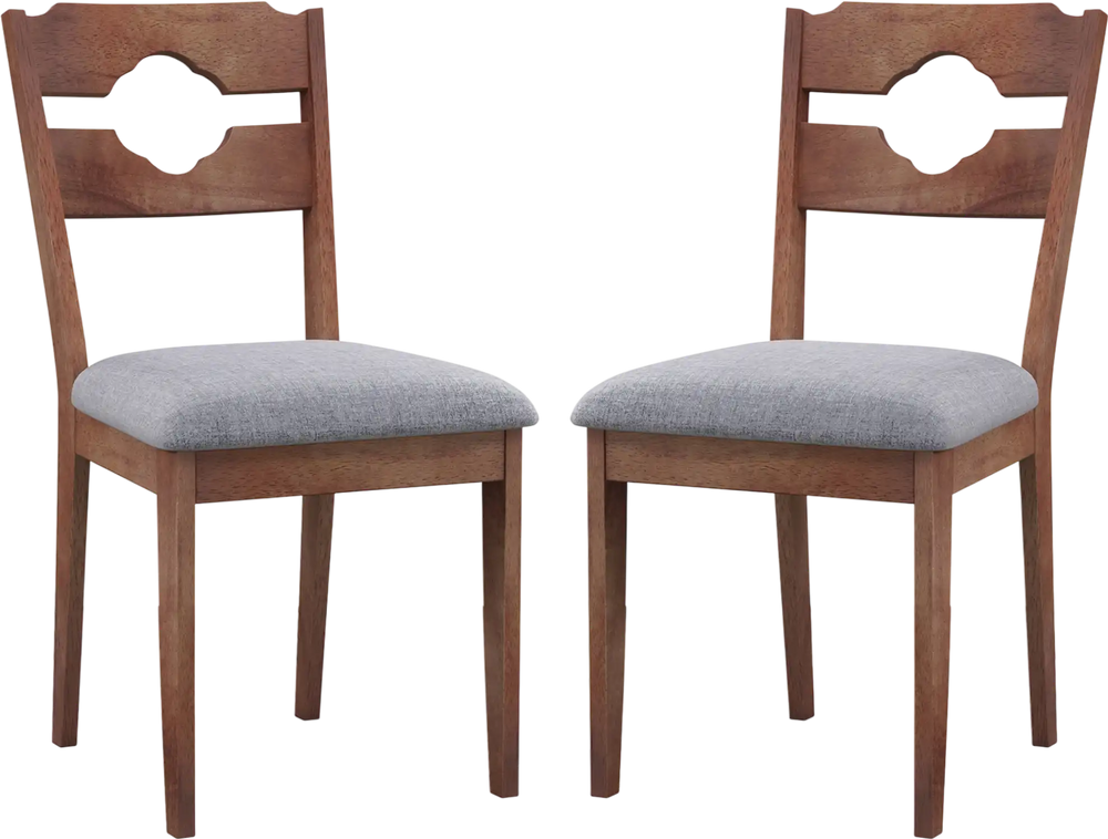 Set of 2 dining chairs with gray fabric upholstery, natural rubber wood frame, and ergonomic high backrest for comfort.