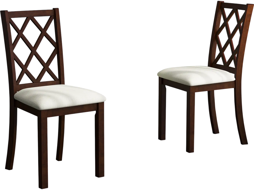 Two brown wood dining chairs with upholstered seat cushions, featuring an ergonomic backrest, ideal for dining rooms.
