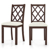 Set of 2 brown dining chairs with upholstered seat cushions and rubber wood legs, ideal for dining rooms and kitchens.