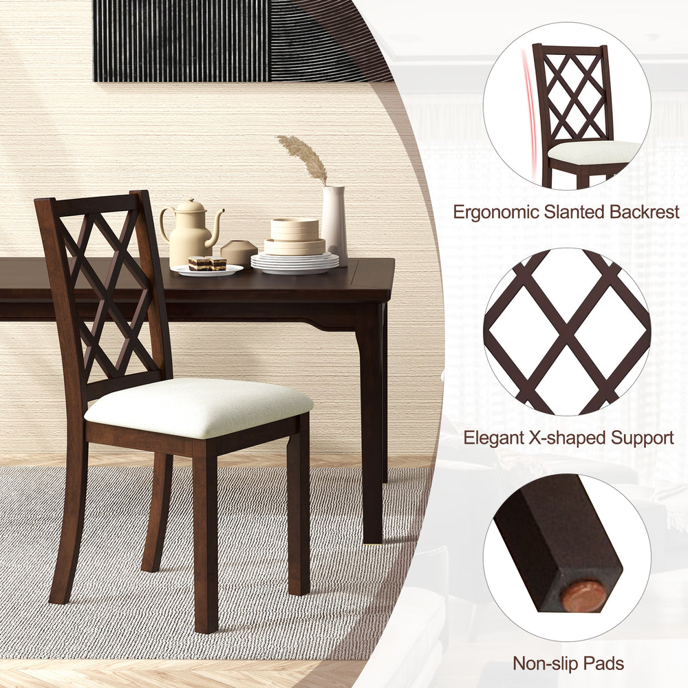 Brown dining chair with ergonomic slanted backrest and upholstered seat cushion, ideal for dining rooms and kitchens.