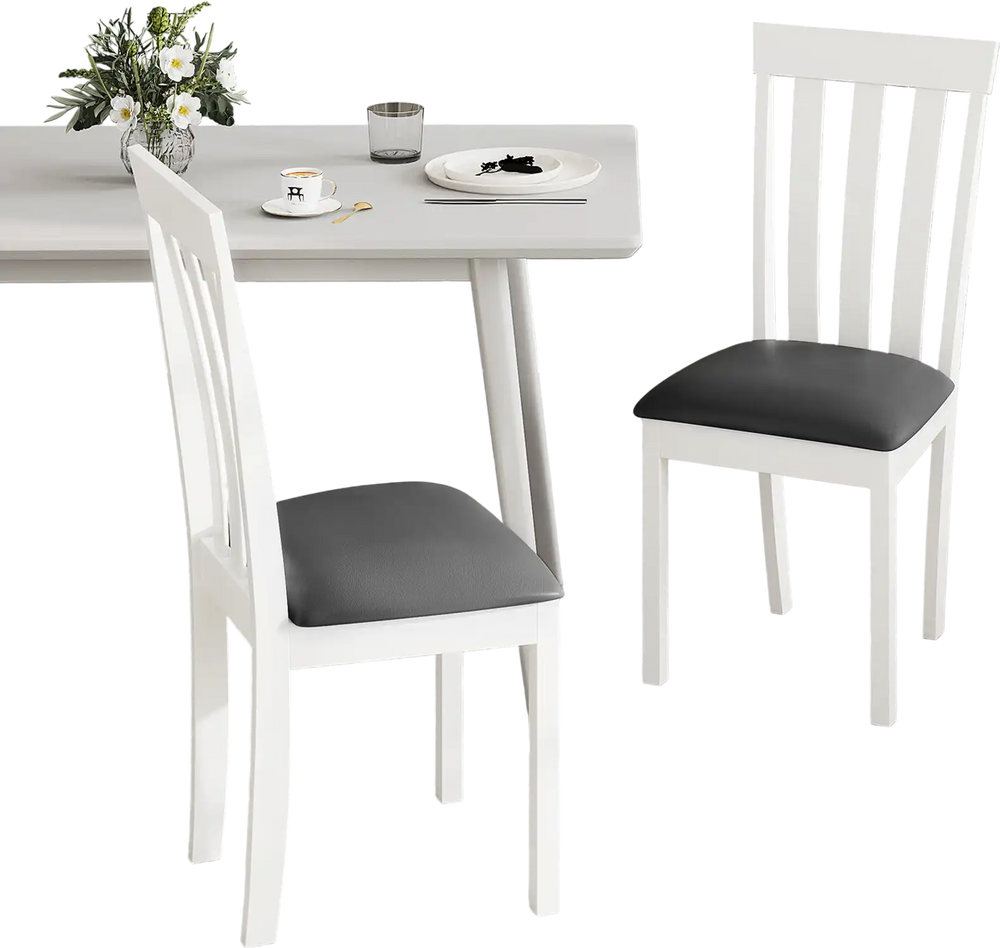 White dining chair set of 2 with padded seats and rubber wood frames, ideal for kitchen or dining room use.